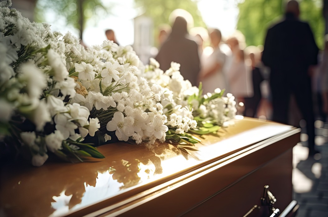 Eine pietätvolle Beerdigungsszene, der Sarg ist mit Blumen geschmückt. Symbolischer Abschied bei Gottesdiensten und Friedhofsbegräbnissen.